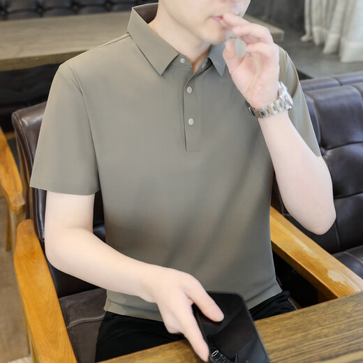 皮尔卡丹（pierre cardin）冰丝无痕Polo汗衫男短袖t恤男士夏季速干高端纯色休闲翻领半袖T恤 6629深灰色 L (约110-125斤可穿)