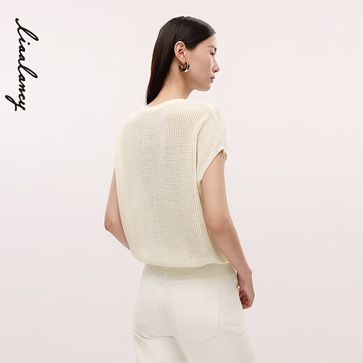 LANCY/LANCY autumn new high-end texture round neck cap shoulder sleeves short temperament knitted cardigan for women original white 2XL