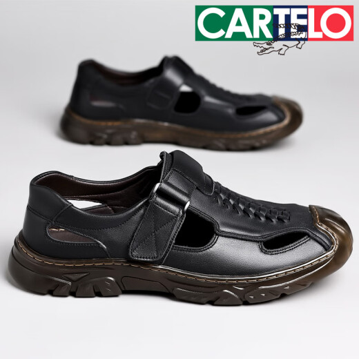 Cartelo Sommersandalen Männer echtes Leder atmungsaktives Sport und lässige Loch Schuhe hohl weiche Außensandalen Schwarz 6626/Top Cowhide 38 Standard Lederschuhgröße
