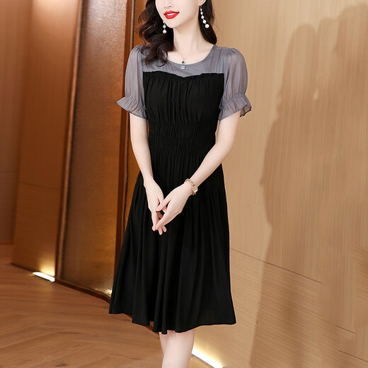 
OLJ light luxury brand dress for women 2025 summer new style design sense fashionable simple fake two-piece temperament skirt apricot color XL 116-125Jin [Jin equals 0.5 kg]