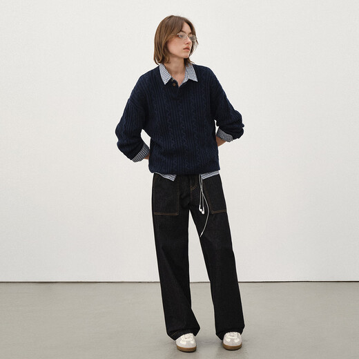 714street Henry collar sheep wool sweater for men 2025 autumn and winter new couple cable knit sweater top for women dark blue L