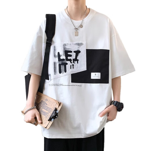 Vzvj großgröße kurzärmelige T-Shirt Herren Sommer Trendy Brand Runde Hals Weitversion Spleiß halb Ärmeln Teenager Loose Casual Casual Fünf-Punkte-T-Shirt T D695 Weiß M-Größe 90-110jin [Jin gleich 0,5 kg]
