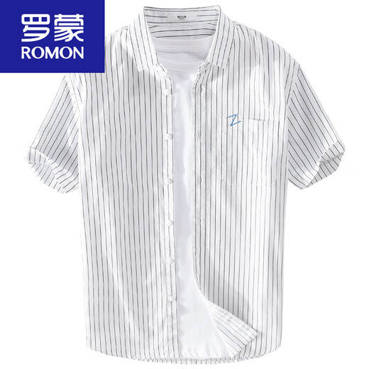 ROMON men's striped short-sleeved shirt summer loose thin clothes 2025 embroidered casual versatile shirt summer clothing new product 9721 white M Jin [Jin equals 0.5 kg]