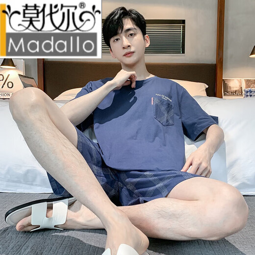 莫代尔睡衣男款夏季短袖短裤夏天薄款棉格子可外穿休闲宽松大码200斤 9928 M