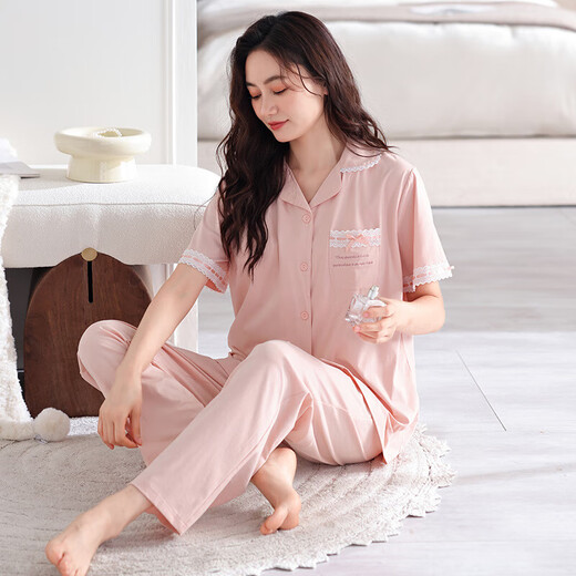 MUJI COM MUJI COM pajamas same style for women in summer pure cotton with chest pad thin short-sleeved trousers for outdoor wear in summer Z693 tender green (with chest pad) XL Recommended 120-140Jin [Jin equals 0.5 kg]