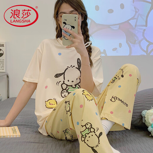 浪莎轻奢睡衣女款纯棉夏季短袖长裤夏天薄款夏款玉桂狗春秋可爱家居服 JZM-6625爱心 XL