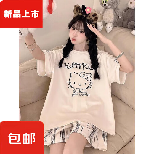 胖东来睡衣女夏季年新款纯棉短袖大码胖mm卡通可爱Kiti猫居服套 短-Z-9928 M 【建议80-100斤】