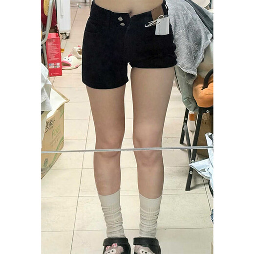 Qumile black denim hot girl shorts women's summer high waist fat mm large size slim little sports ultra short a-line hot pants black XL recommended 115-130 Jin Jin equals 0.5 kg