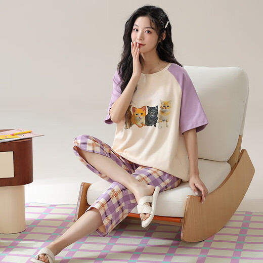 Pajamas en velours arctique pour les femmes en été en été coton pur en V V pantalon recadré à manches courtes lâche et décontracté peut être porté à l'extérieur de la maison de vêtements de printemps T-9855 (costume court) M (80-100jin [Jin est égal à 0,5 kg]))