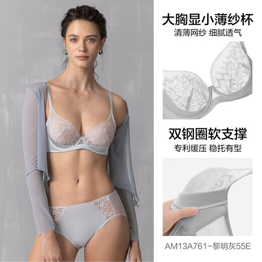 Liebe Frühlings- und Sommerblumenschattenunterwäsche für Frauen mit weicher Stahlring Dünne Tasse große Brüste mit kleinem BH AM13A761 Dawn Grey 55E 80d