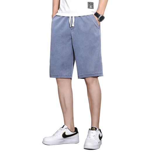 Tennis denim shorts men's five-point pants summer loose straight wide-leg pants men's trendy ice silk casual mid-sized pants 1049 blue M 100-115Jin [Jin equals 0.5 kg]