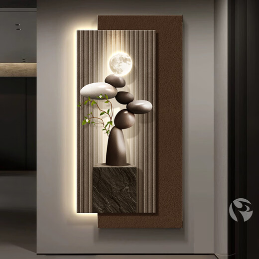 墨派石来运转玄关装饰画现代轻奢寓意好走廊挂画入户led发光灯画壁画 石来运转A款 100*200cm80*200+80*167插电款