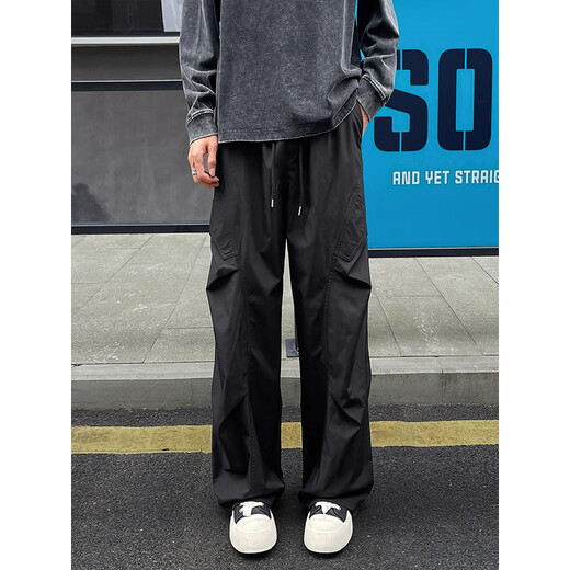 Fumile American Ice Silk Work Kleidung Fallschirmjäger Hosen Herren Sommer coole und lose trendige Marke Straight Bein Draped Sport und Casual Hosen Schwarz XL