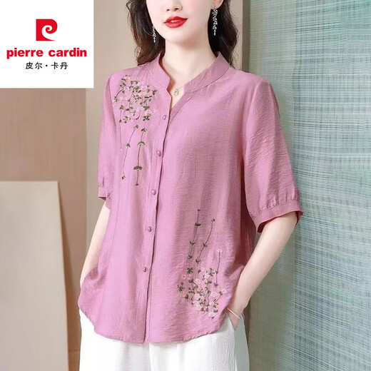 皮尔卡丹夏季中袖棉麻上衣女2025新款国风刺绣女士衬衫妈妈装宽松亚麻小衫 红色-694 M 【约108斤内】
