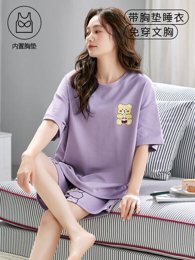 GTYUWVG带胸垫一体纯棉睡衣女夏款短袖短裤甜美可爱大码防走光家居服套装 带胸垫短袖套装-G1047 女M码[建议80-100斤] 均码
