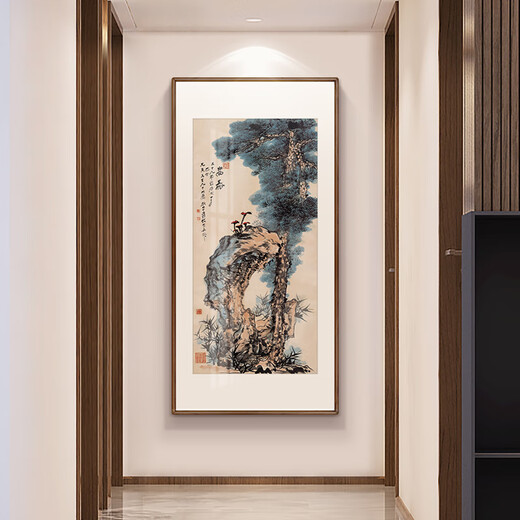 Xuanmutang entrance decorative painting New Chinese style ink landscape painting hanging painting study living room tea room corridor aisle entrance landscape painting Zhang Daqian <Landscape Tune> Finished product width 60cm * height 120cm walnut color (solid wood right angle frame)