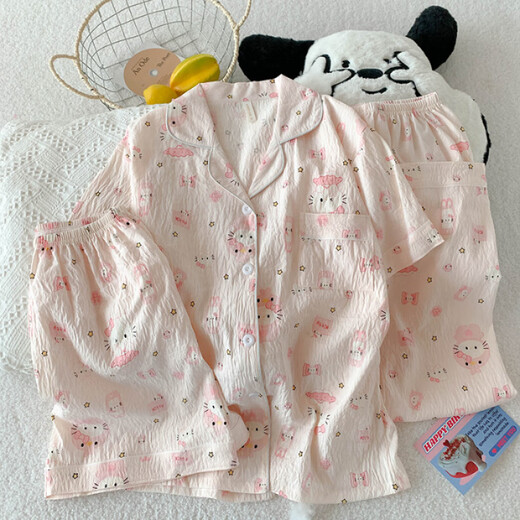 Niedlicher Crayon Shin-Yun-Baumwollpyjamas für Frauen dreiteilige Sommer-Strickjacke Cartoon Home Clothing Set JHX-9901J#Pink Bian Mike M Empfohlen 80-100