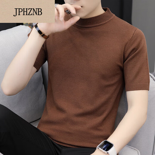 JPHZNB thin sweater men's autumn and winter short-sleeved T-shirt men's round neck half-sleeved knitted solid color slim sweater knitted sweater in summer q9913 light gray 2XL