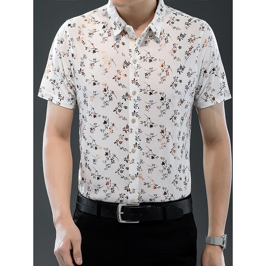 
Seven Wolfs (SW1960) 25 summer new men's short-sleeved shirt ice silk thin printed shirt fashion trend casual daddy top 9898 gold 2XL 180
