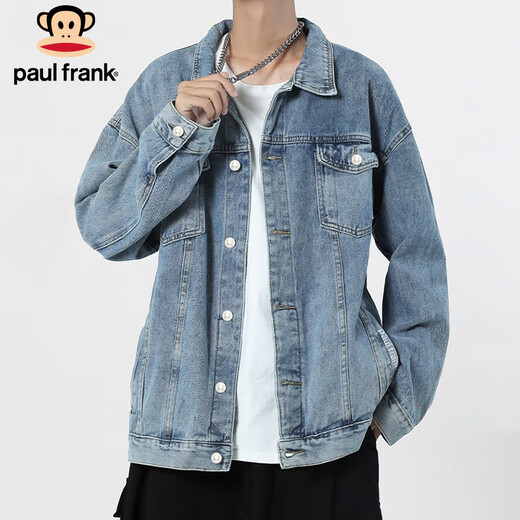 Paul Frank Jacket Men's Denim Clothes Autumn Loose Workwear Jacket Men's Trendy Retro Top Light Blue XL