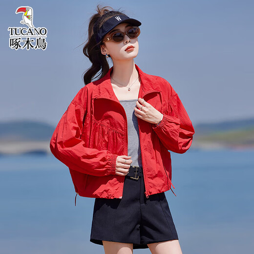 啄木鸟时尚外套女2025夏季新款宽松抽褶系带立领户外运动风休闲防晒上衣 蓝色 XL