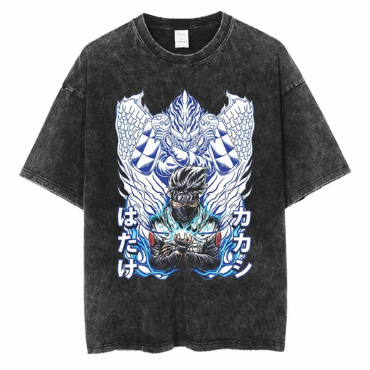 
Jiuvia Harajuku Street Washing Old Retro Japanese Naruto Naruto Anime Cotton T-shirt Men's Summer Short Sleeve B1365 Washing Black S