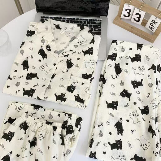 Yalu pijama de tres piezas para mujeres en pantalones cortos de manga corta de verano pantalones de dibujos animados lindos set de dos piezas de algodón de algodón de algodón de algodón de nube 9918# nube de algodón m