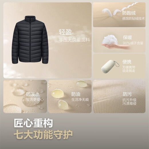 
Bosideng 25 new short thin down jacket for men 90 velvet outdoor camping and mountaineering tour jacket B250131005 Black 8056-25-Classic minimalist style M 175/96A