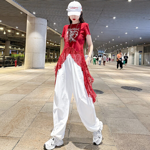 勤度爵士舞服装女套装夏季薄款曳步舞上衣蕾丝拼接跳广场舞休闲束脚裤 白色裤子6627 M [80-105斤]