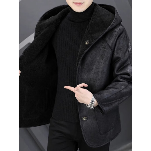 Playboy (PLAYBOY) Hooded Fur Grained Sheep Velvet Coated Fur One-piece Jacket Men's Thickened Reversible Shearling Leather Jacket Black (Reversible) 3XL Approximately 150-170Jin Jin is equal to 0.5 kg