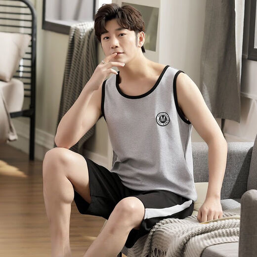 Hiver Mist Men's Pyjamas Summer Cotton Cotton Men's Ultra-Thin Loose Plus taille sans manches Vers les vêtements de maison peuvent être portés à l'extérieur de 9928 # (Shorts à manches courtes) L Poids 100-120Jin [Jin est égal à 0,5 kg]