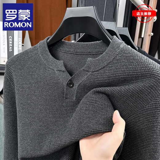 ROMON Henley collar knitted cotton long-sleeved T-shirt for men, spring and autumn casual, light and mature, simple solid color slim fit bottoming shirt top, dark gray - high-end brand M recommended 100-120Jin Jin equals 0.5 kg