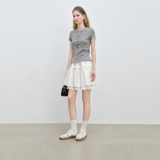 自巧小个子蕾丝拼接设计感短款半身裙女夏季2025新款蛋糕a字短裙 雅白色 S （尺码：3）