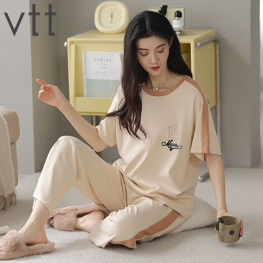 VTT睡衣女夏季纯棉短袖长裤薄款全棉夏天圆领家居服套装可外穿 V短袖长裤：YZT9721 M