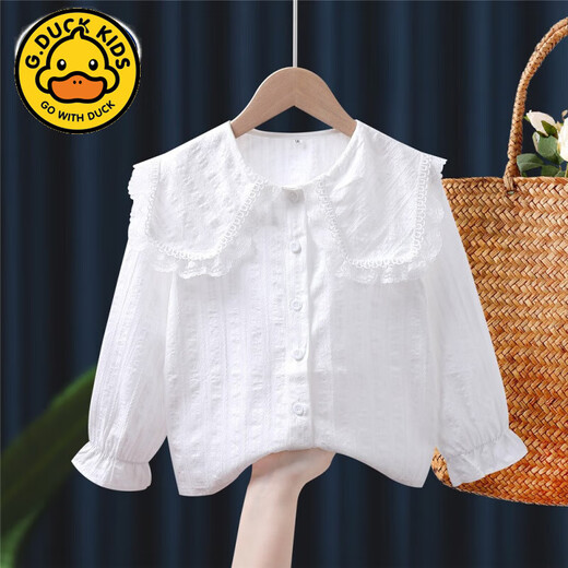 G.duck little yellow duck children and girls white shirt pure cotton edge long-sleeved shirt spring and autumn style primary and secondary school uniform women's top 021 white cotton 140cm