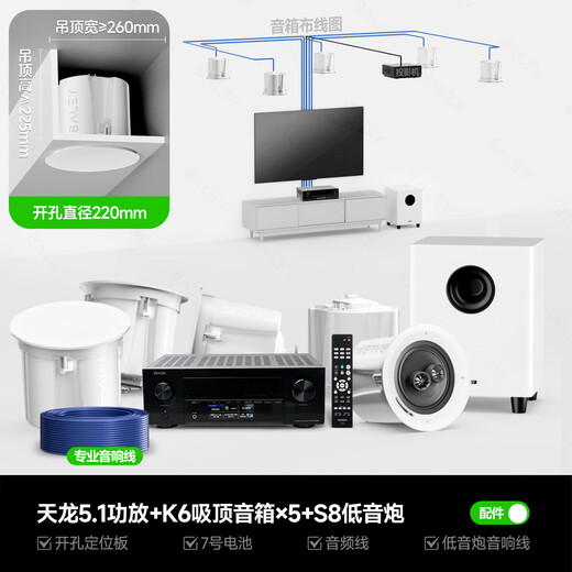 BaleY Home Cinema Audio Tianlong Amplifier Set Home Living Room TV Projection Surround Sound Subwoofer Ceiling Audio Embedded Bluetooth Ceiling Speaker 17 [Tianlong 5.1 Amplifier + K65 + S8 Subwoofer] Full Set