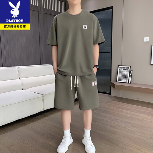 Playboy Herren-Gelegenheitsanzug Sommer loser atmungsaktives Kurzarm T-Shirt Koreanische Modetrendy-Sport-Sport-Set [Set] 2503 Khaki XL empfohlen 140-160jin [Jin ist 0,5 kg]
