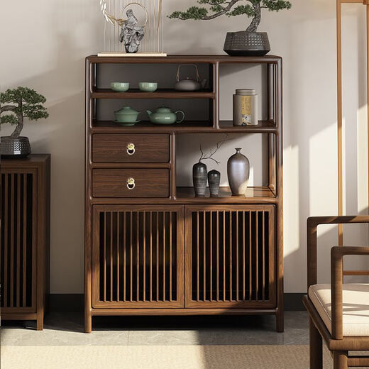 New Chinese style Bogu rack black gold Duobao Pavilion solid wood display cabinet low cabinet tea room side cabinet tea tea cabinet all solid wood tea cabinet 80*35*120 black walnut color