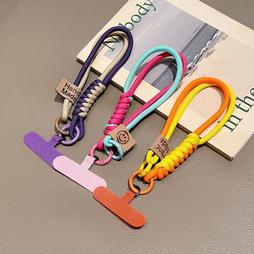 British style mobile phone lanyard braided rope mobile phone lanyard high-end light luxury wrist women's mobile phone chain mobile phone rope anti-falling goddess same style personalized contrasting color mobile phone lanyard double ring smiley face wrist rope pink green + small sling
