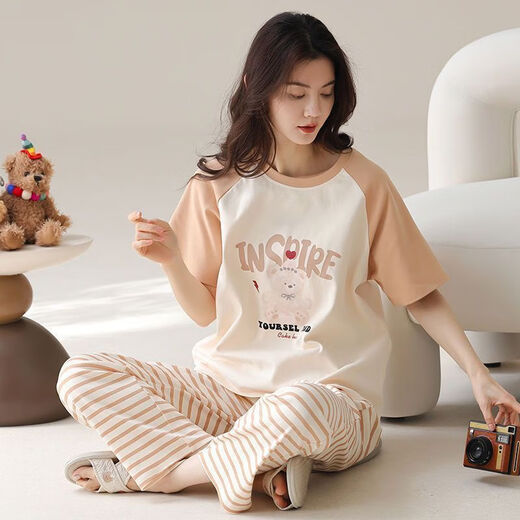 Meng Xinsheng Pyjamas für Frauen im Sommer im Sommer Pure Cotton Kurzärmelhosen Dünne Baumwoll-Sommer-Runde Hals-Kleidungsset können außerhalb von Hose mit Kurzärärmern getragen werden: YZT9720 m