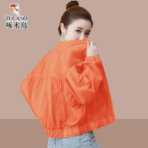 
Woodpecker women's short sunscreen clothes Korean loose casual trend 2025 spring and summer new small jacket orange red M 100Jin [Jin equals 0.5 kg]