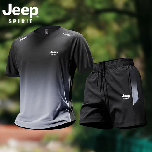 
JEEP SPIRIT high-end sports suit men's quick drying clothes short-sleeved T-shirt summer badminton ice silk training shorts fitness suit 9901 black and gray suit [quick drying] M