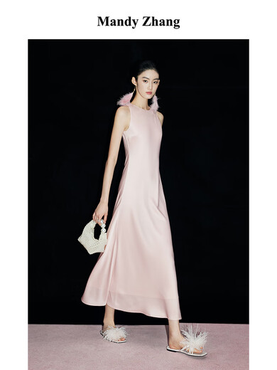 Mandy Zhang Ou Ruofeng hellrosa sanftes Acetatkleid für Frauen weiches satin diagonal geschnitten einfaches elegantes Kleid langer Rock Tianzhu Pink L