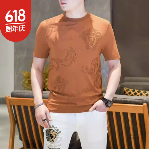 Yuli Knitted Ice-Heat Short-Sleeved T-Shirt Men's New Light Luxury Ice Silk Fashion Half-Sleeve T-Shirt Casual Quality Men's Clothing 9901 Green M _[90-115Jin[Jin equals 0.5 kg]]