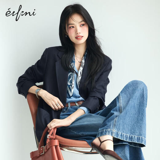 Eveli Tencel and linen blended herringbone design loose silhouette suit jacket for women 2025 autumn new style dark navy S