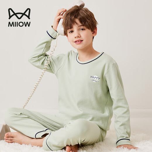 Catman Boys Pajamas Children's Pajamas Pure Cotton Long Sleeve Spring and Autumn Middle and Older Boys Home Clothing Set Bean Green 150