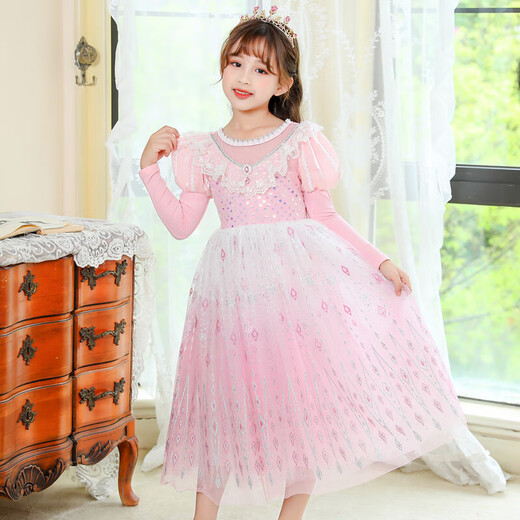 Girls long-sleeved dress spring and autumn Korean style ice and snow dress new Princess Elsa children's performance costume party forest style long-sleeved dress with bow veil 110