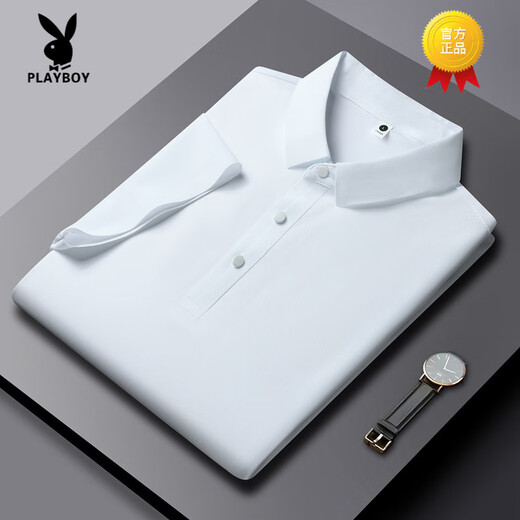 花花公子（PLAYBOY）高端2025夏季新款冰丝短袖T恤男薄款透气半袖POLO衫商务翻领冰丝 PM-12358灰蓝 4XL