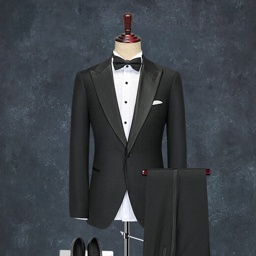 Guillaume de Mons Aojia Tuxedo Wool Suit Complete Set Men's Black Groom Wedding Dress Host Banquet Suit Men's Black Top + Pants + Vest 48