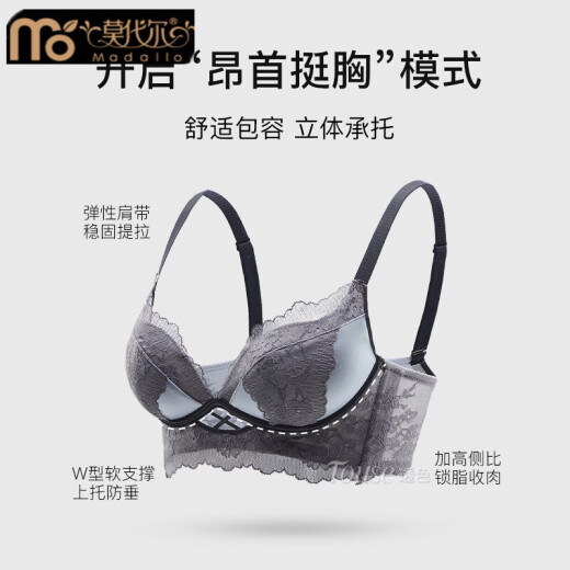 莫代尔专用性感蕾丝内衣女小胸聚拢加厚显大防下垂2025平胸塑形文胸套装 深灰色-套装 80A 36 (聚拢波波杯)